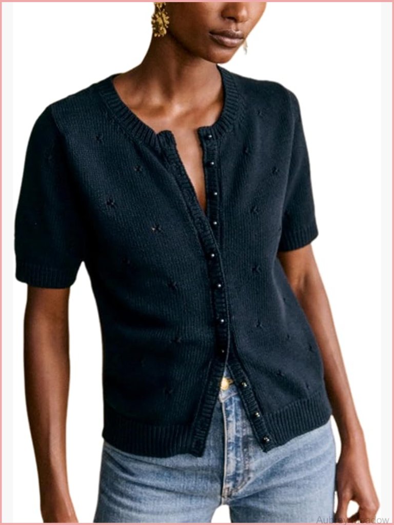 Women's Short Sleeve Crochet Knit Button Down Cardigan Sweater Top